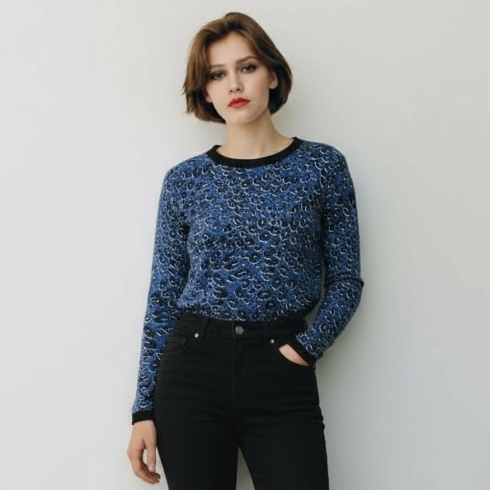 ANN TAYLOR 8 M Cobalt Blue Black Leopard Stretch Long Sleeve Tee R $64